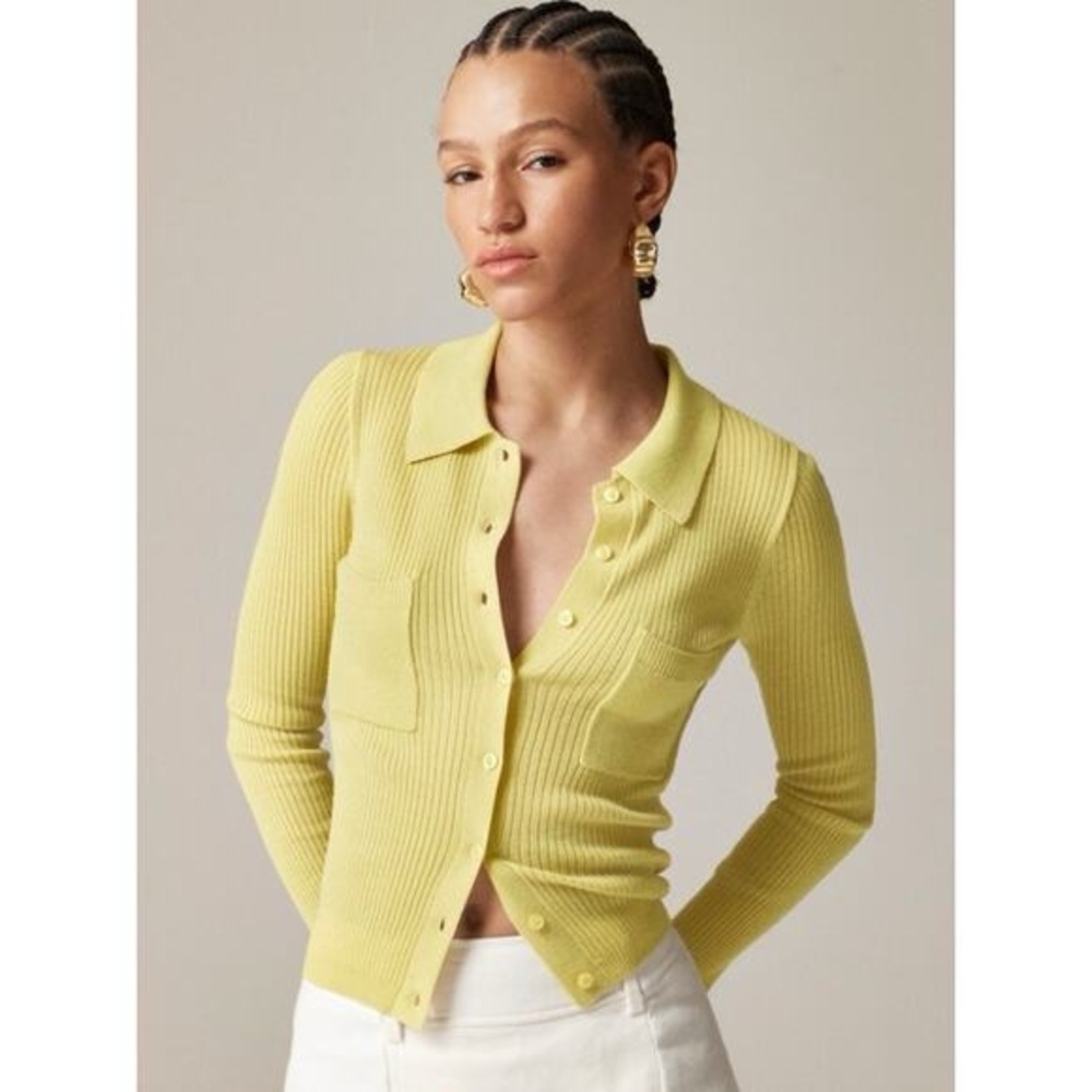 J. Crew Collared Button Up Sweater Merino Wool Blend Chartreuse Large